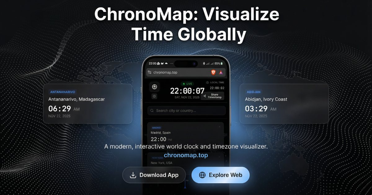 ChronoMap running on Windows — world clock map with live city times
